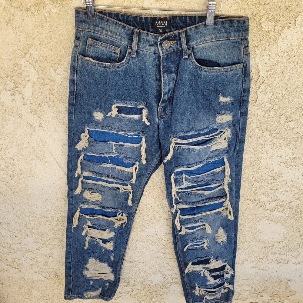 BoohooMan - Slim Flare Rigid All Over Rip Repaired Jeans Blue ~30R